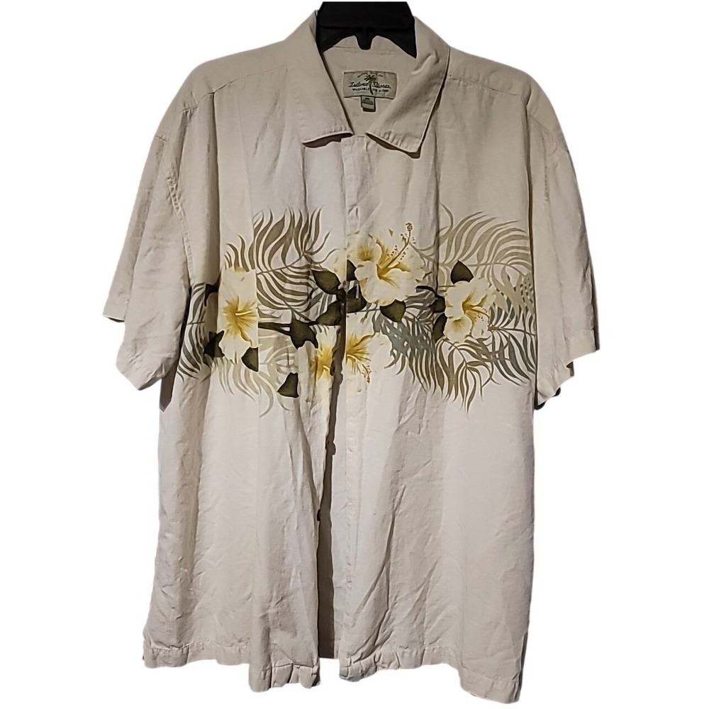 Island Shores Men XXL Silk Blend Hibiscus Floral Button Front Shirt Cream Yellow